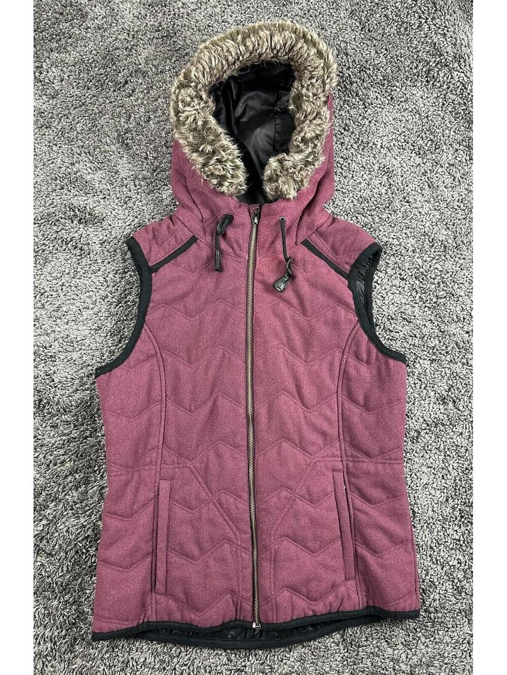 prAna Calla Wool Hooded Vest Womens Burgundy Quilted Faux Fur Trim Full Zip Sz M